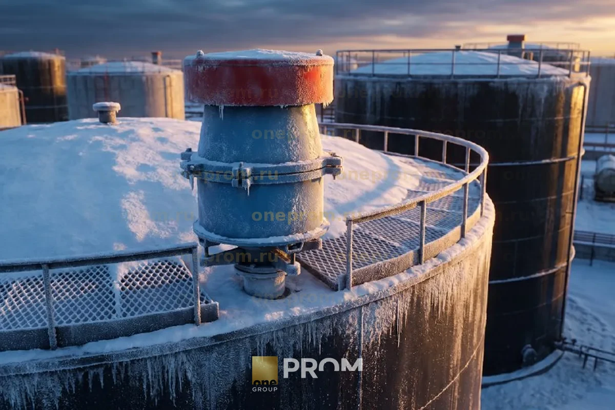 Breather valve on the roof of a vertical steel tank in winter